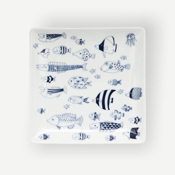 Square Plate Fish Decor ‘Cocomarine’ Hasami Ware (17cm)