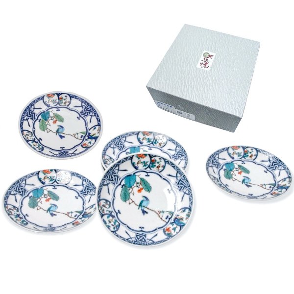 九谷焼 5.8号皿揃 染付丸紋花鳥図 5枚セット SH-03 正月 食器