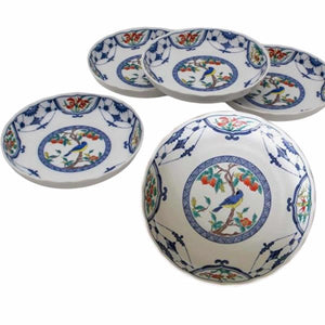 九谷焼 6号皿揃 染付瓔珞紋花鳥 5枚セット 正月 食器