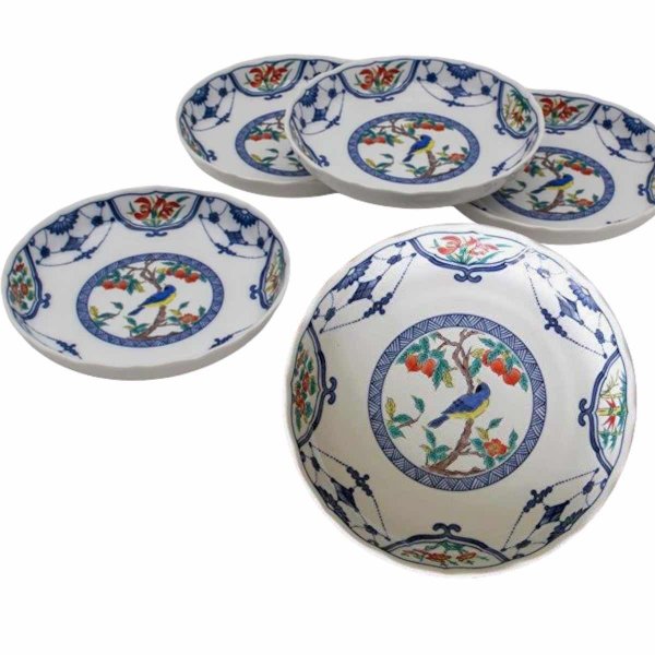 九谷焼 6号皿揃 染付瓔珞紋花鳥 5枚セット 正月 食器