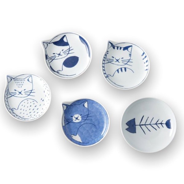 Cat Plate Set of 5 Plates ‘Neco’ Ishimaru Hasami Ware (14cm)