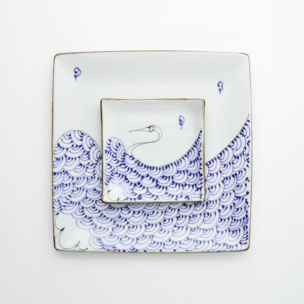 Crane & Turtle Series Hand-Painted Japanese Large Square Serving Plate – Hasami Ware, 26.5cm (10.4 in), Made in Japan