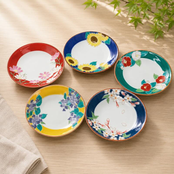 Kutani Ware 13.8cm (5.4") Japanese Porcelain Plate Set of 5 – Four Seasons Flowers, Made in Japan
