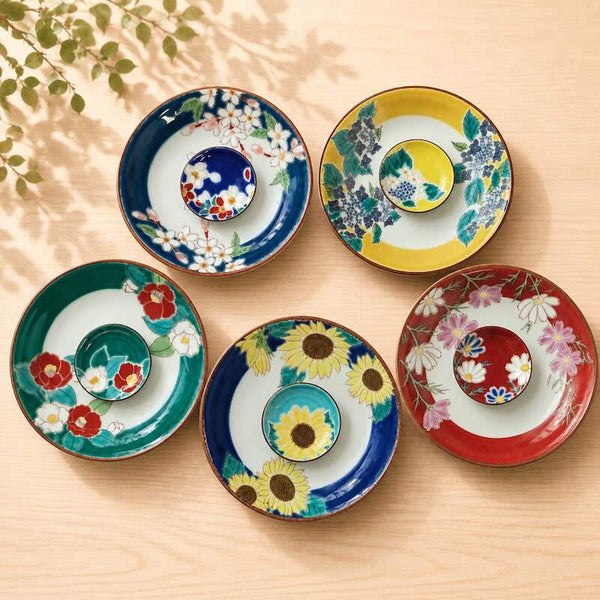 Kutani Ware Japanese Chopstick Rest Set of 5 – Four Seasons Flowers, Made in Japan
