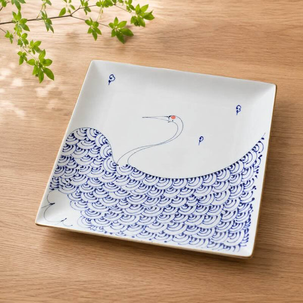 Crane & Turtle Series Hand-Painted Japanese Large Square Serving Plate – Hasami Ware, 26.5cm (10.4 in), Made in Japan