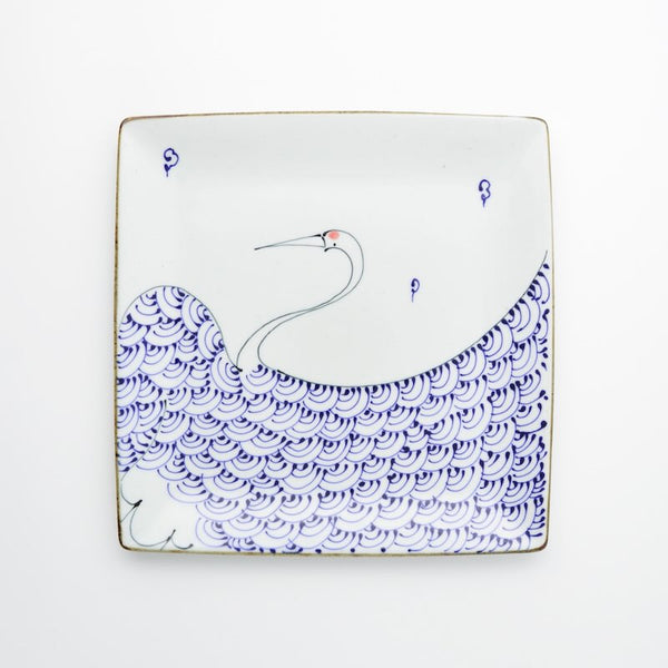 Crane & Turtle Series Hand-Painted Japanese Large Square Serving Plate – Hasami Ware, 26.5cm (10.4 in), Made in Japan