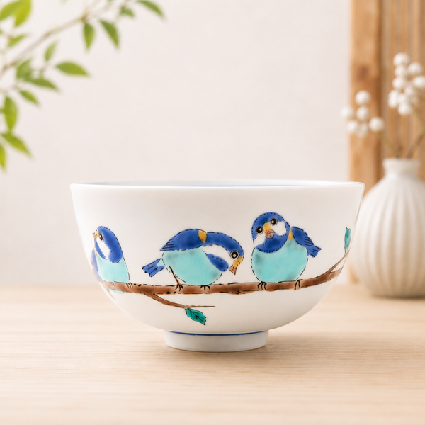 Kutani Ware Yamagara Japanese Rice Bowl – Varied Tit Bird Design, Porcelain Tableware, Made in Japan