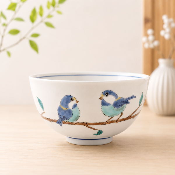 Kutani Ware Yamagara Japanese Rice Bowl – Varied Tit Bird Design, Porcelain Tableware, Made in Japan