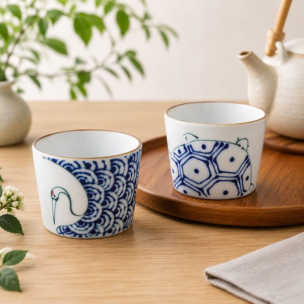 Crane & Turtle Series Hand-Painted Crane Cup – Hasami Ware Japanese Ceramic Sobachoco Cup, Made in Japan
