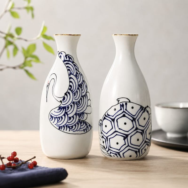 Crane & Turtle Japanese Sake Bottle 300ml (10.1 fl oz) – Hand-Painted Hasami Ware, Made in Japan Drinkware