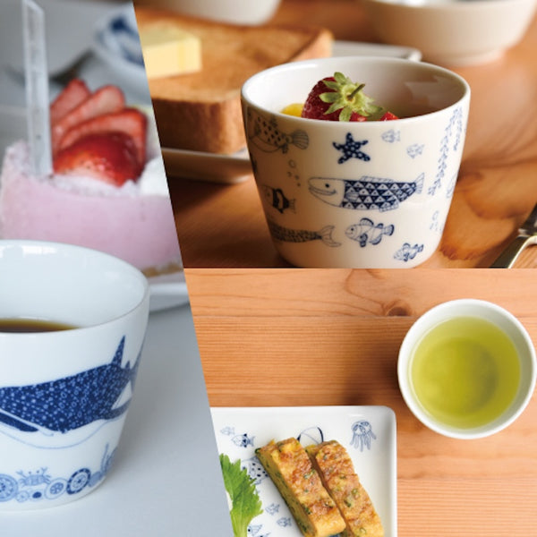 Whale Shark and Marine Life 200ml Soba Cups, Made in Japan, Hasami Ware (2 Designs)