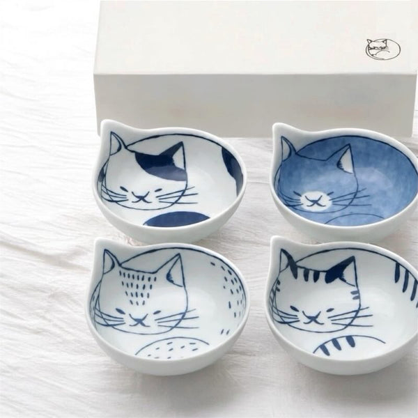 Coneco Small Cat Bowl Set of 4 Bowls 9.8cm, Made in Japan, Hasami Ware Porcelain