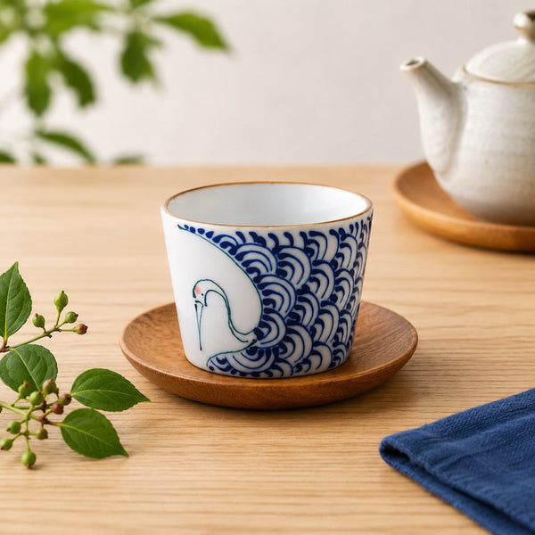 Crane & Turtle Series Hand-Painted Crane Cup – Hasami Ware Japanese Ceramic Sobachoco Cup, Made in Japan