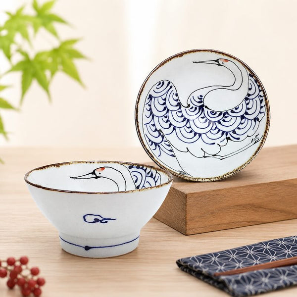 Crane & Turtle Series Rice Bowl Set of 5 – Hand-Painted Crane, Turtle, Pine, Bamboo & Plum Hasami Ware, Made in Japan