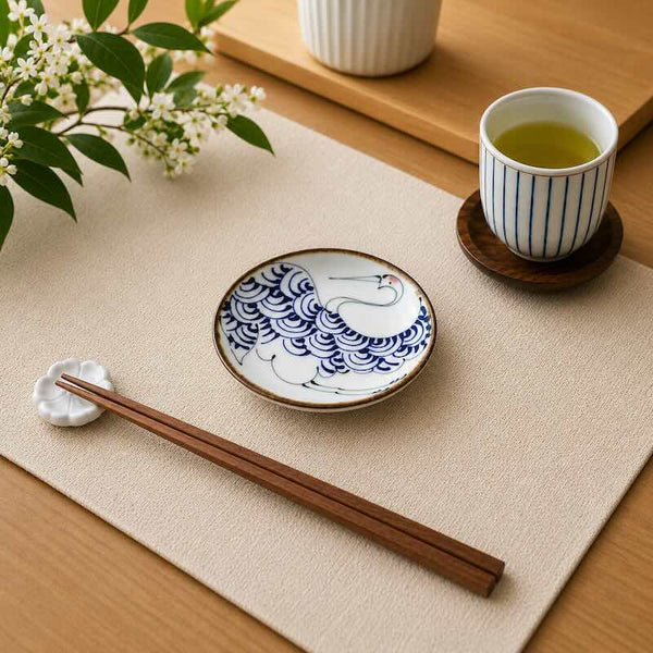 Crane & Turtle Series, Hand-Painted Crane Small Plate – Hasami Ware, Made in Japan