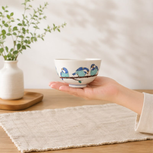 Kutani Ware Yamagara Japanese Rice Bowl – Varied Tit Bird Design, Porcelain Tableware, Made in Japan