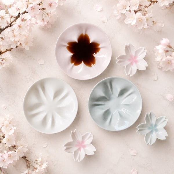 Sakura Sauce Plate & Mini Plate Set – Japanese Kutani Ware Porcelain, Made in Japan (White, Pink, Blue)