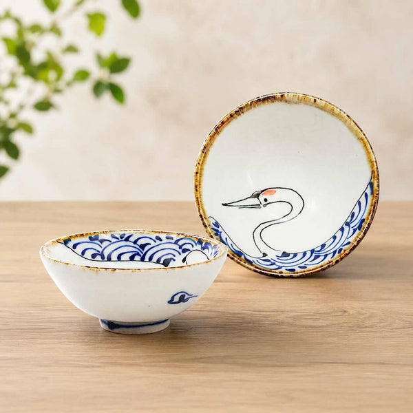 Crane & Turtle Series Hand-Painted Crane Sake Cup 50ml (1.7 fl oz) – Hasami Ware, Made in Japan Drinkware