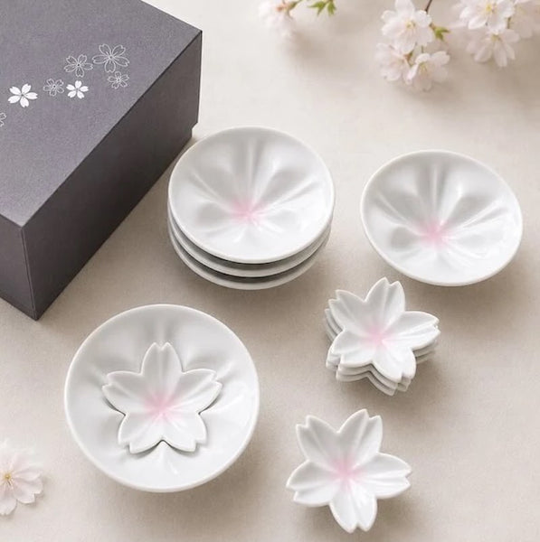 Kutani Ware Sakura Sauce Plate & Mini Plate Set, White Japanese Porcelain, 10-Piece Gift Set, Made in Japan