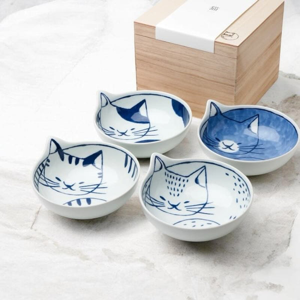Neco Cat Bowl Set of 4 Bowls 14cm, Made in Japan, Hasami Ware Porcelain