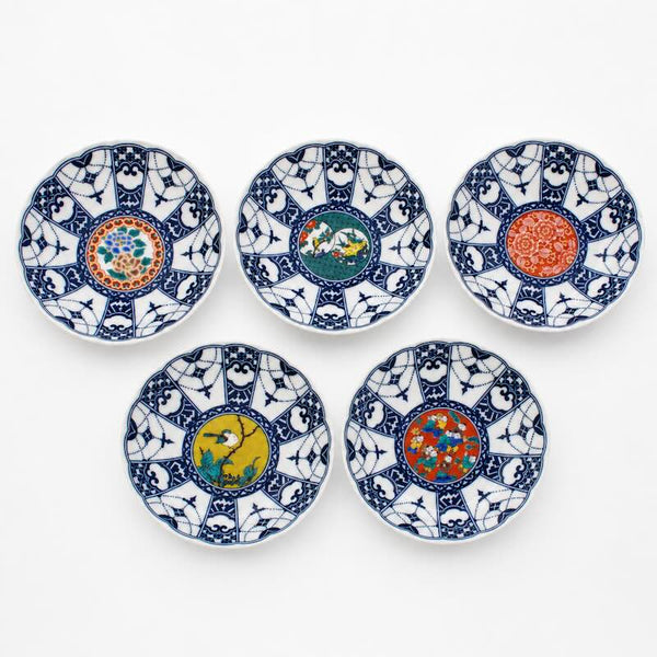Kutani Ware 14cm (5.5") Japanese Small Plate Set of 5 – Blue & White Traditional Designs, Made in Japan