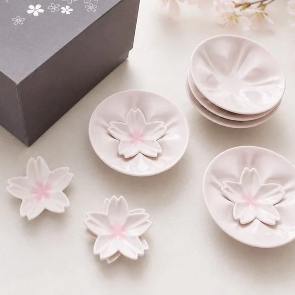 Kutani Ware Sakura Sauce Plate & Mini Plate Set, Pink Japanese Porcelain, 10-Piece Gift Set, Made in Japan