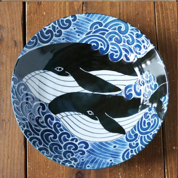 Japanese Ceramic Plate Whale Design φ8.54in (21.7cm) - Made in Japan Mino Ware
