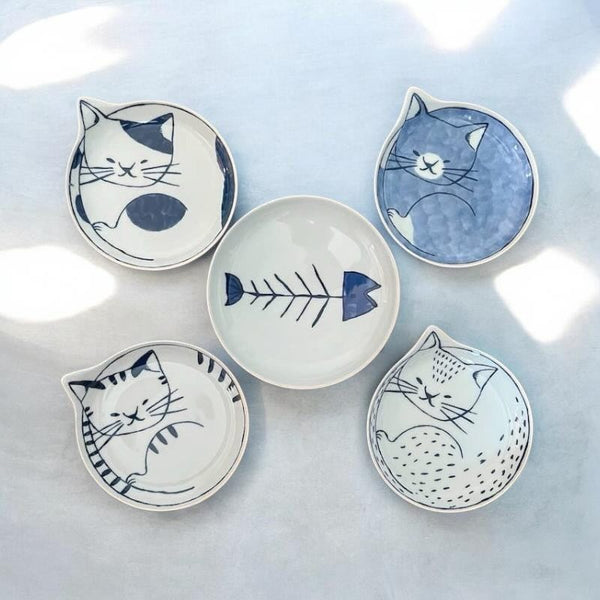 Neco Cat Plate Set of 5 Plates 14cm, Made in Japan, Hasami Ware Porcelain