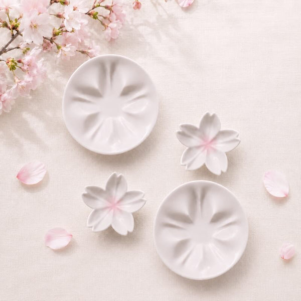 Kutani Ware Sakura Sauce Plate & Mini Plate Set, Pink Japanese Porcelain, 4-Piece Gift Set, Made in Japan