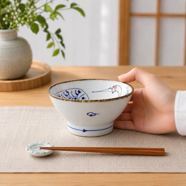 Crane & Turtle Series Rice Bowl Set of 5 – Hand-Painted Crane, Turtle, Pine, Bamboo & Plum Hasami Ware, Made in Japan