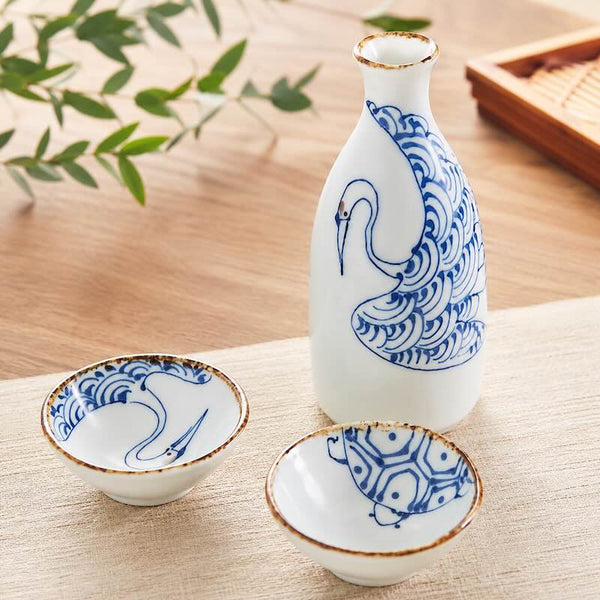 Crane & Turtle Japanese Sake Bottle 300ml (10.1 fl oz) – Hand-Painted Hasami Ware, Made in Japan Drinkware