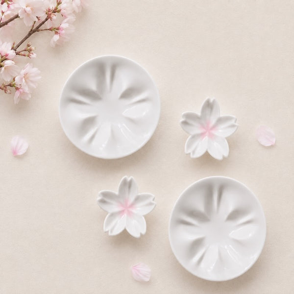 Kutani Ware Sakura Sauce Plate & Mini Plate Set, White Japanese Porcelain, 4-Piece Gift Set, Made in Japan