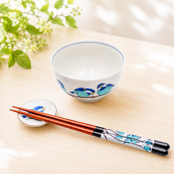 Kutani Ware Yamagara Japanese Rice Bowl – Varied Tit Bird Design, Porcelain Tableware, Made in Japan
