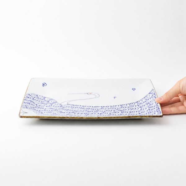 Crane & Turtle Series Hand-Painted Japanese Large Square Serving Plate – Hasami Ware, 26.5cm (10.4 in), Made in Japan