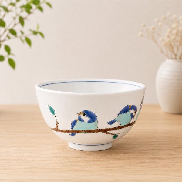 Kutani Ware Yamagara Japanese Rice Bowl – Varied Tit Bird Design, Porcelain Tableware, Made in Japan