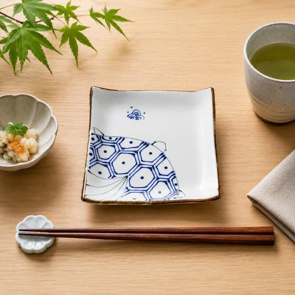 Crane & Turtle Japanese Small Plate 14 cm 2 Designs – Hand-Painted Hasami Ware Square Plate, Made in Japan