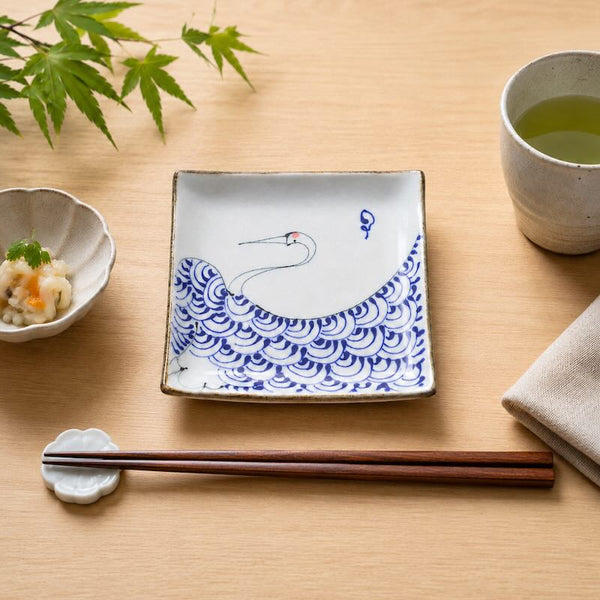 Crane & Turtle Japanese Small Plate 14 cm 2 Designs – Hand-Painted Hasami Ware Square Plate, Made in Japan
