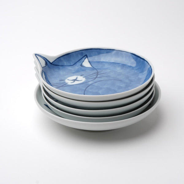 Neco Cat Plate Set of 5 Plates 14cm, Made in Japan, Hasami Ware Porcelain