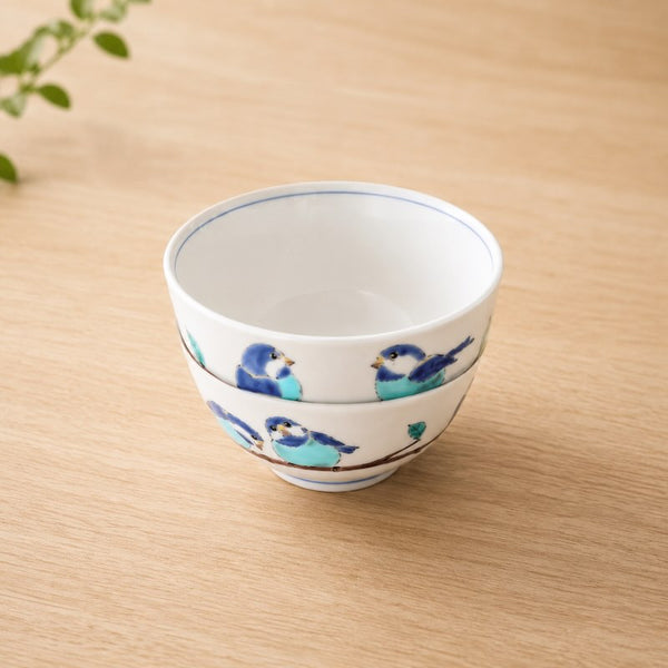 Kutani Ware Yamagara Japanese Rice Bowl – Varied Tit Bird Design, Porcelain Tableware, Made in Japan