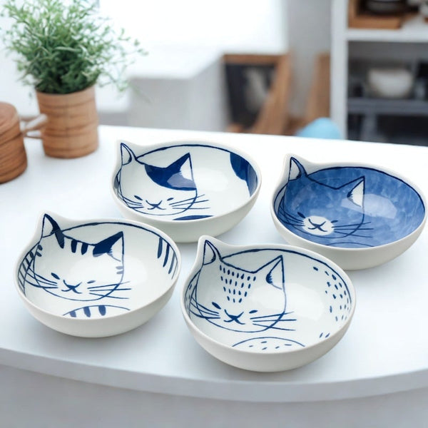 Neco Cat Bowl Set of 4 Bowls 14cm, Made in Japan, Hasami Ware Porcelain
