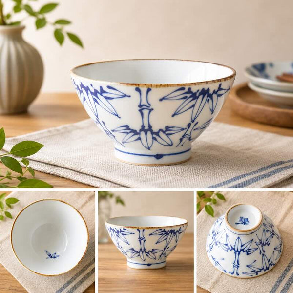 Crane & Turtle Series Rice Bowl Set of 5 – Hand-Painted Crane, Turtle, Pine, Bamboo & Plum Hasami Ware, Made in Japan