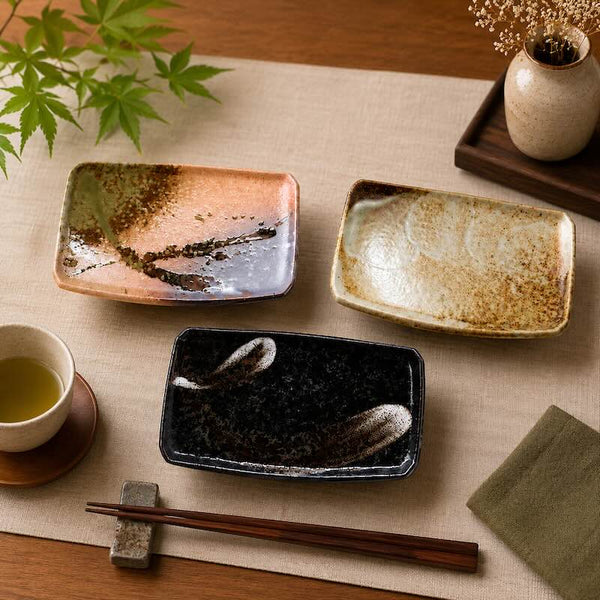 Japanese Mino Ware Sushil Plate 7.3" – Made in Japan, 3 Designs, Rectangular Dinner Plate for Sashimi, Grilled Fish & Appetizers