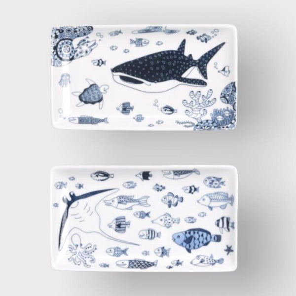 Whale Shark and Marine Life Sushi Plate, Made in Japan, Hasami Ware (2 Designs)