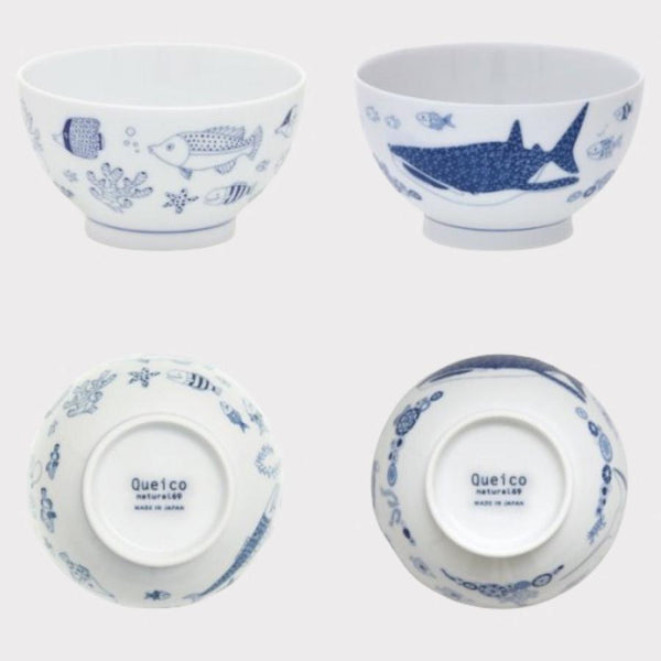 Whale Shark and Marine Life Japanese Rice Bowls, Hasami Ware (2 Designs)