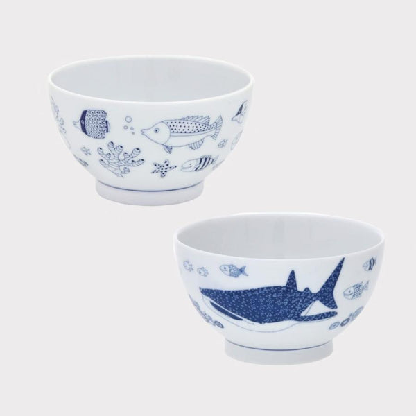 Whale Shark and Marine Life Japanese Rice Bowls, Hasami Ware (2 Designs)