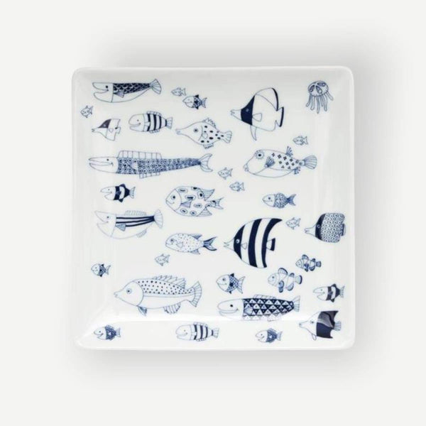Whale Shark and Marine Life 17cm Square Plate, Made in Japan, Hasami Ware (4 Designs)