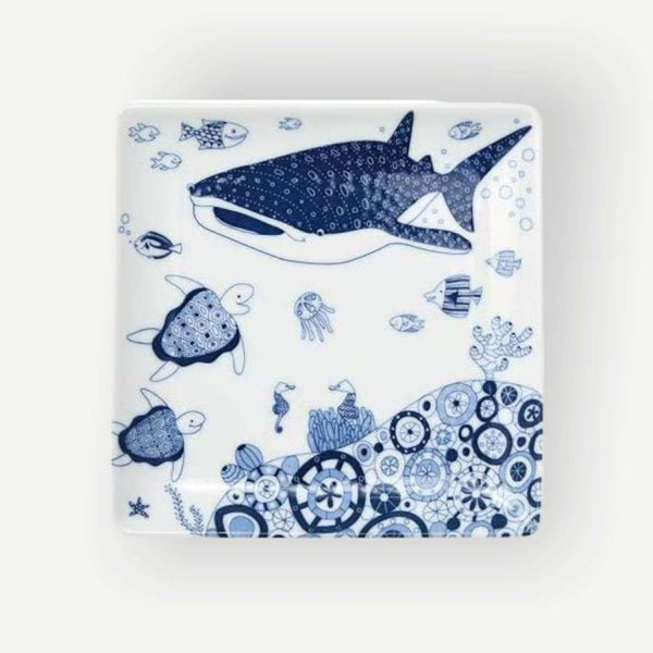 Whale Shark and Marine Life 17cm Square Plate, Made in Japan, Hasami Ware (4 Designs)