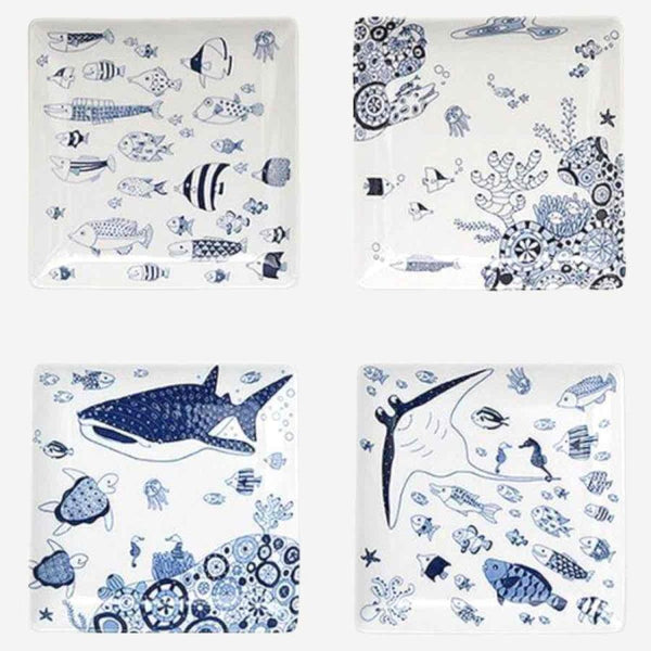 Whale Shark and Marine Life 17cm Square Plate, Made in Japan, Hasami Ware (4 Designs)