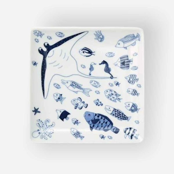Whale Shark and Marine Life 17cm Square Plate, Made in Japan, Hasami Ware (4 Designs)