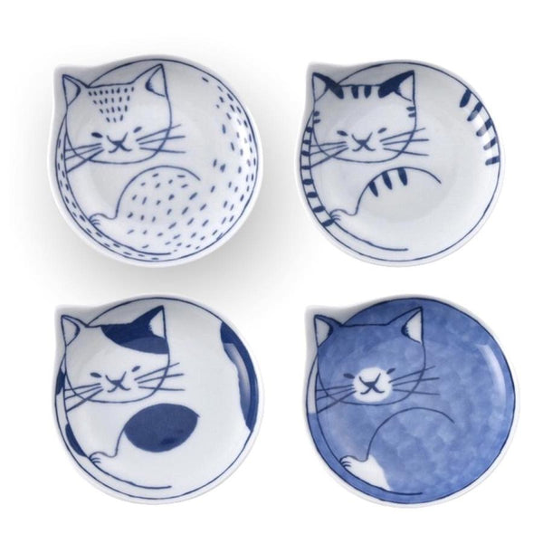 Coneco Small Cat Plate Set of 4 Plates, Made in Japan, Hasami Ware Porcelain